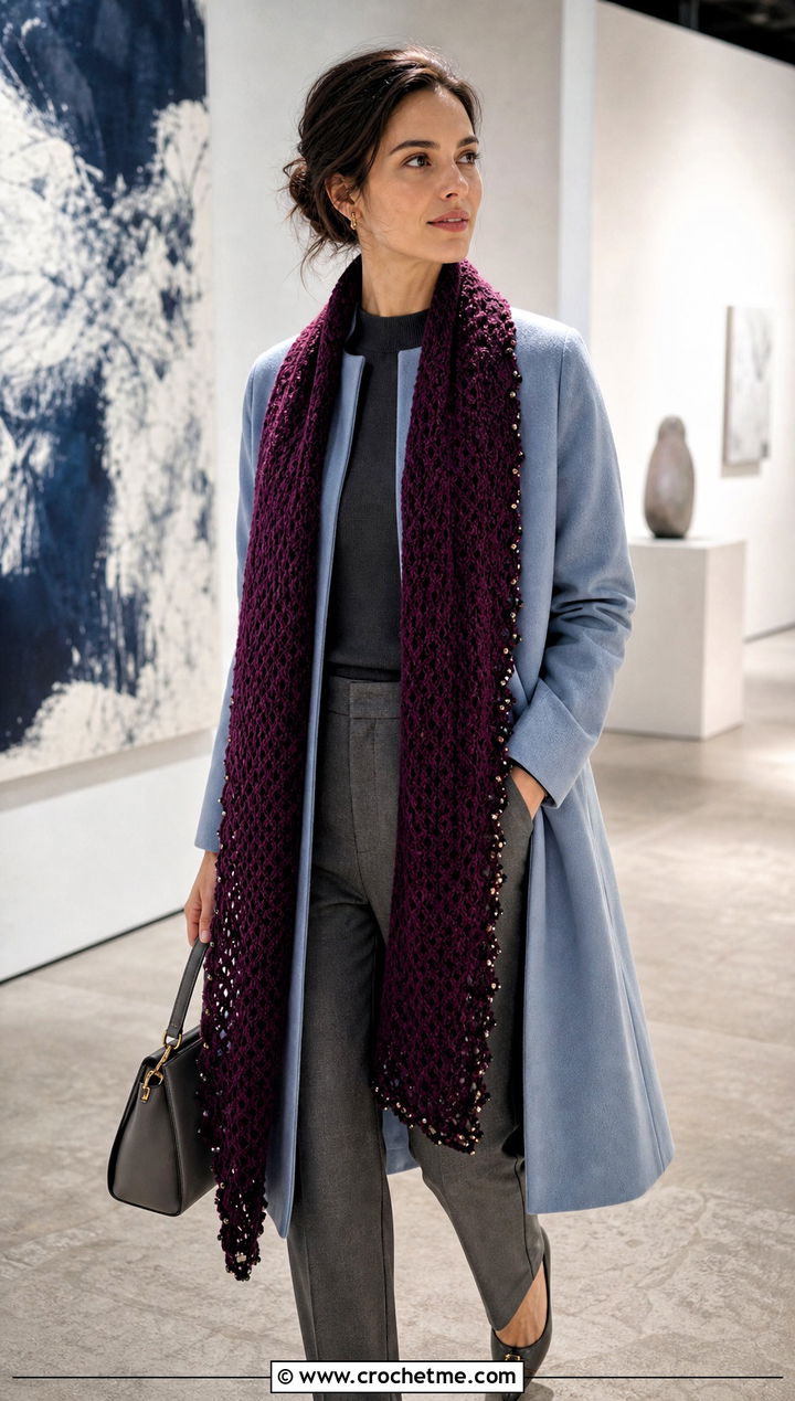 Beaded Crochet Long Scarf With Minimalist Coat And Tailored Trousers - 25 Crochet Long Scarf outfit ideas