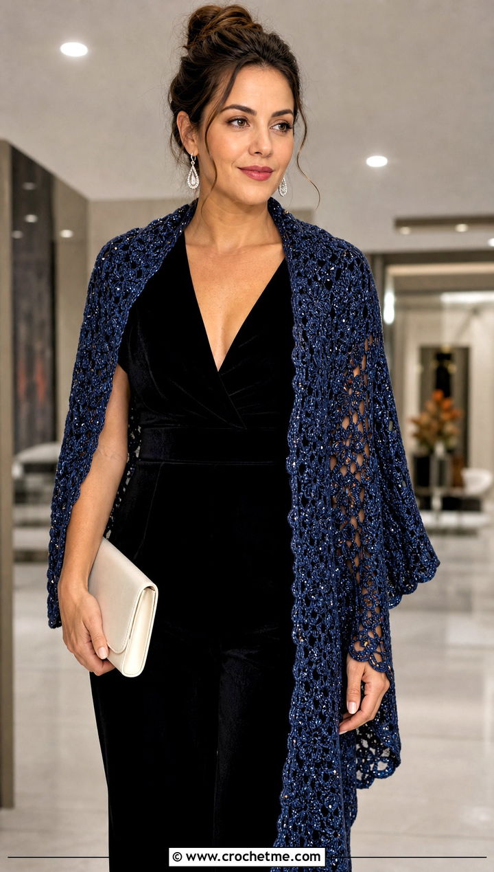 Beaded Crochet Long Shawl With Velvet Jumpsuit - 20 Crochet Long Shawl outfit ideas