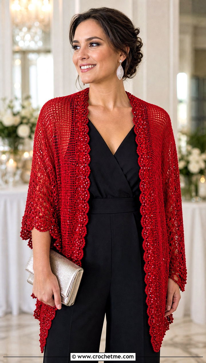 Beaded Crochet Mantle Scarf With Jumpsuit And Heels - 20 Crochet Mantle Scarf outfit ideas