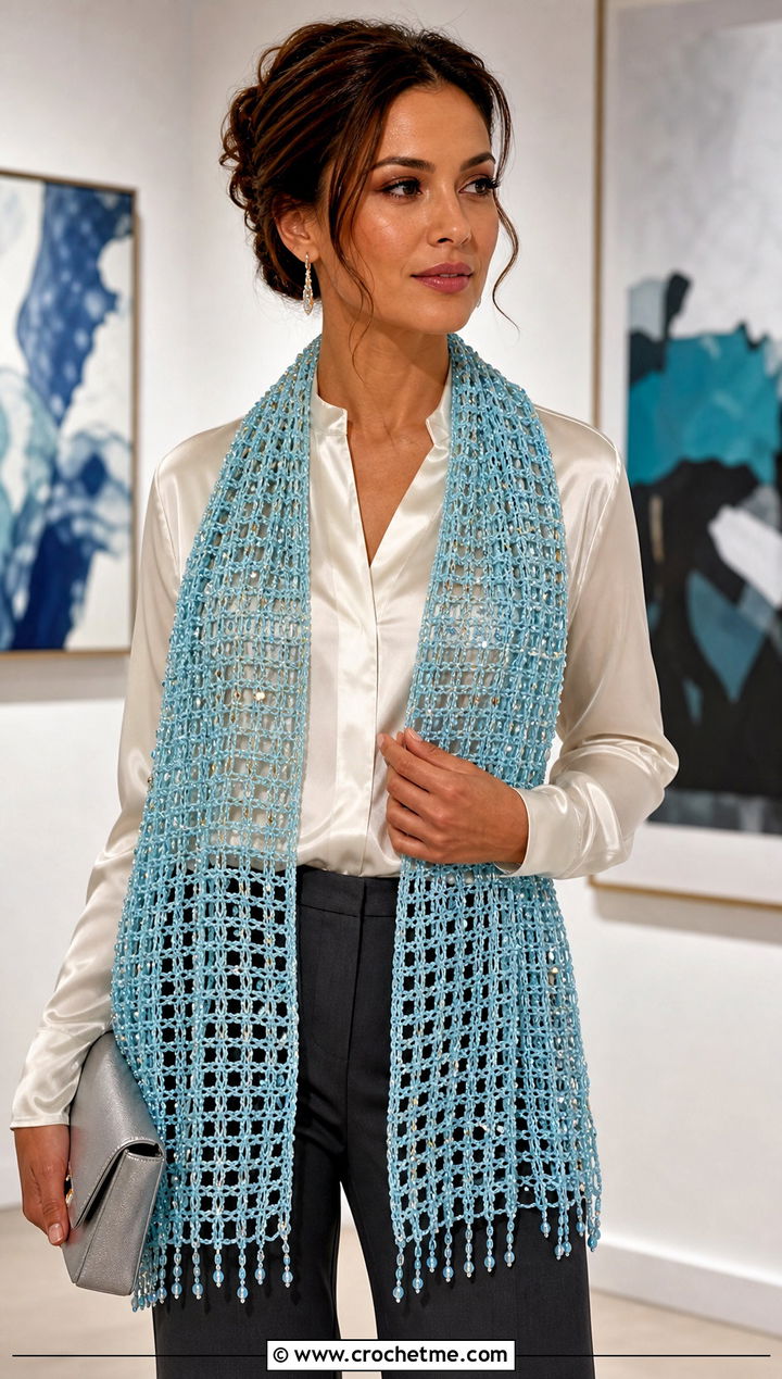 Beaded Crochet Mesh Scarf With Satin Blouse And Tailored Pants - 25 Crochet Mesh Scarf outfit ideas