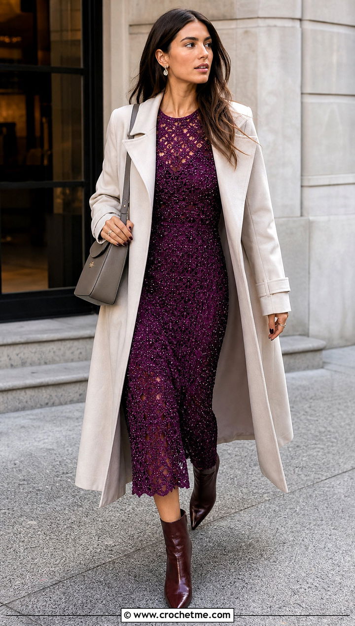 Beaded Crochet Midi Dress With Trench Coat - 25 crochet clothes with beads outfit ideas