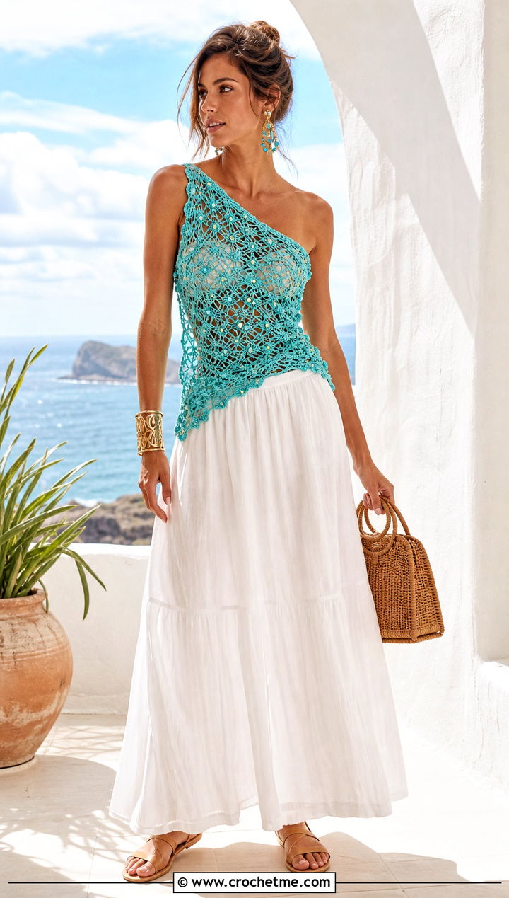 Beaded Crochet One Shoulder Top With A Maxi Skirt - 15 crochet lace top with beads outfit ideas