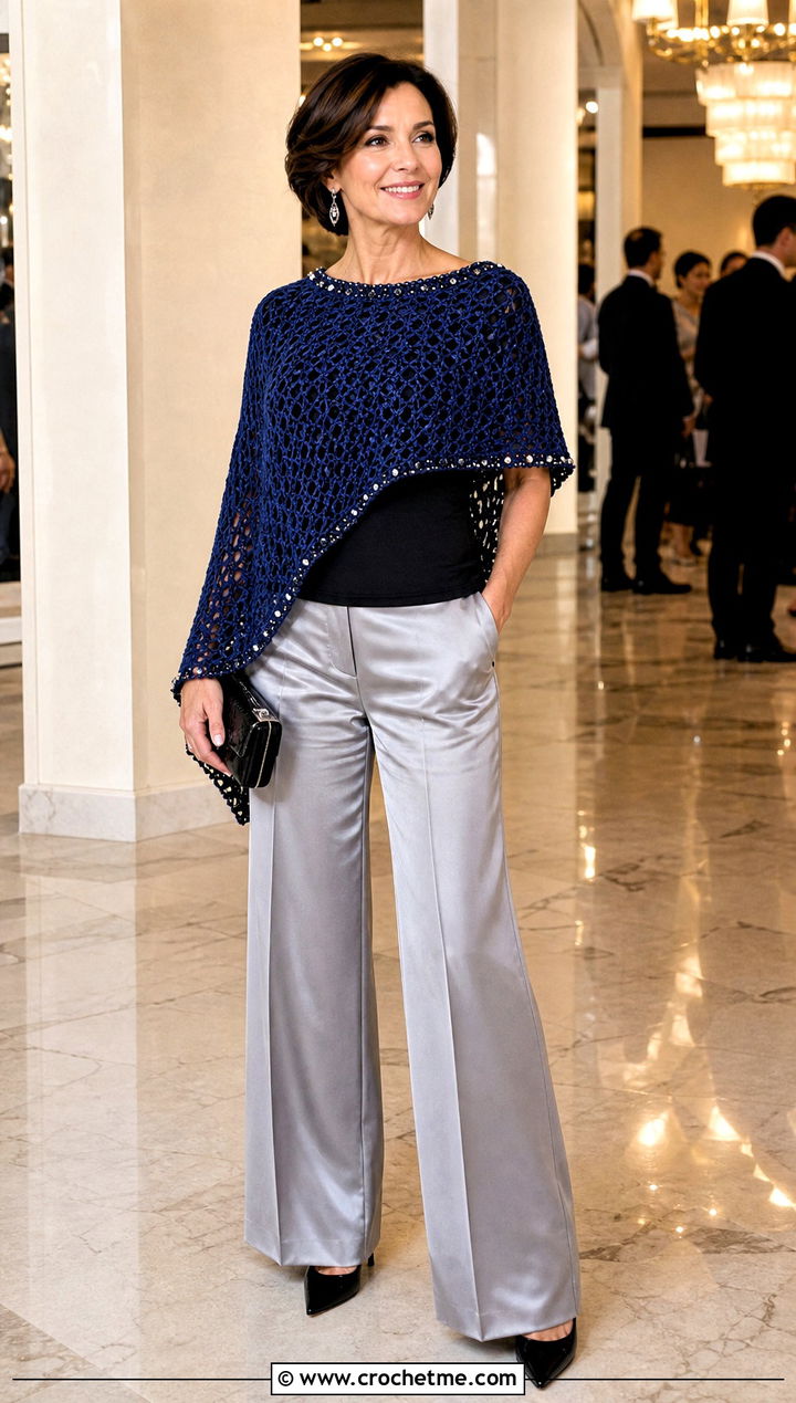 Beaded Crochet Poncho With Satin Pants - 15 diy crochet poncho outfit ideas