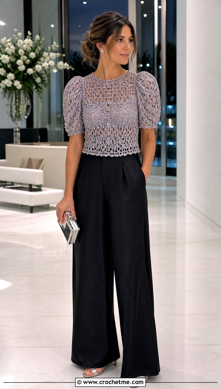 Beaded Crochet Puff Sleeve Top With Wide Leg Evening Pants - 35 crochet puff sleeve top outfit ideas