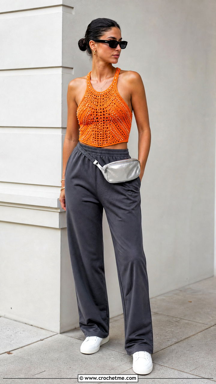 Beaded Crochet Racerback Top With Track Pants - 35 Crochet Top With Beads outfit ideas