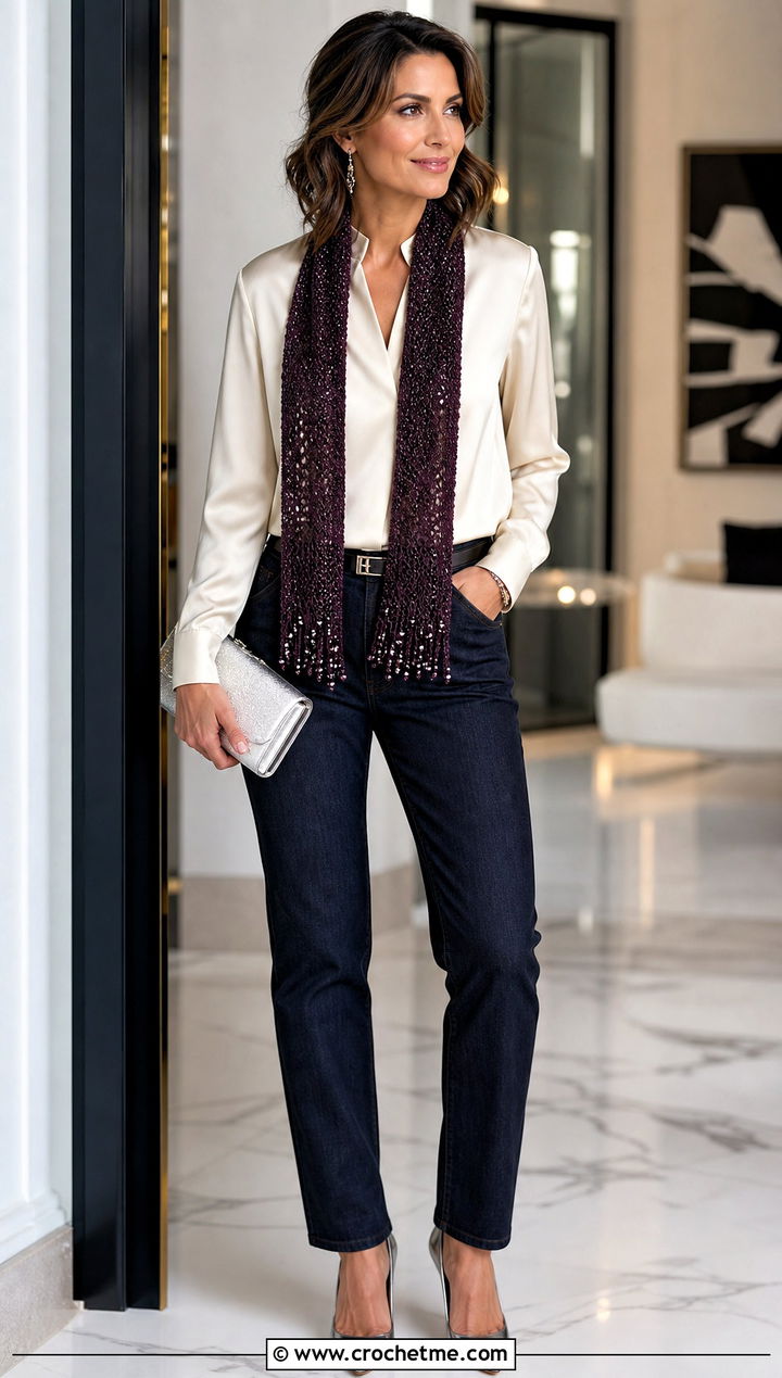 Beaded Crochet Ribbon Scarf With Satin Blouse And Jeans - 15 Crochet Ribbon Scarf outfit ideas