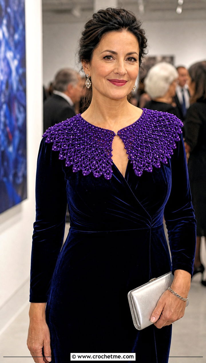 Beaded Crochet Sailor Collar With Velvet Midi Dress - 30 crochet sailor collar outfit ideas