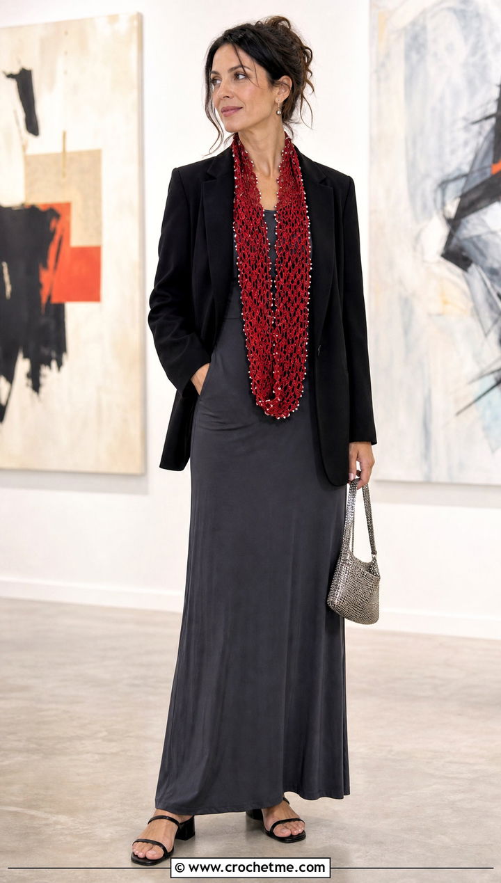 Beaded Crochet Scarf With Blazer And Maxi Dress - 35 small crochet scarf outfit ideas