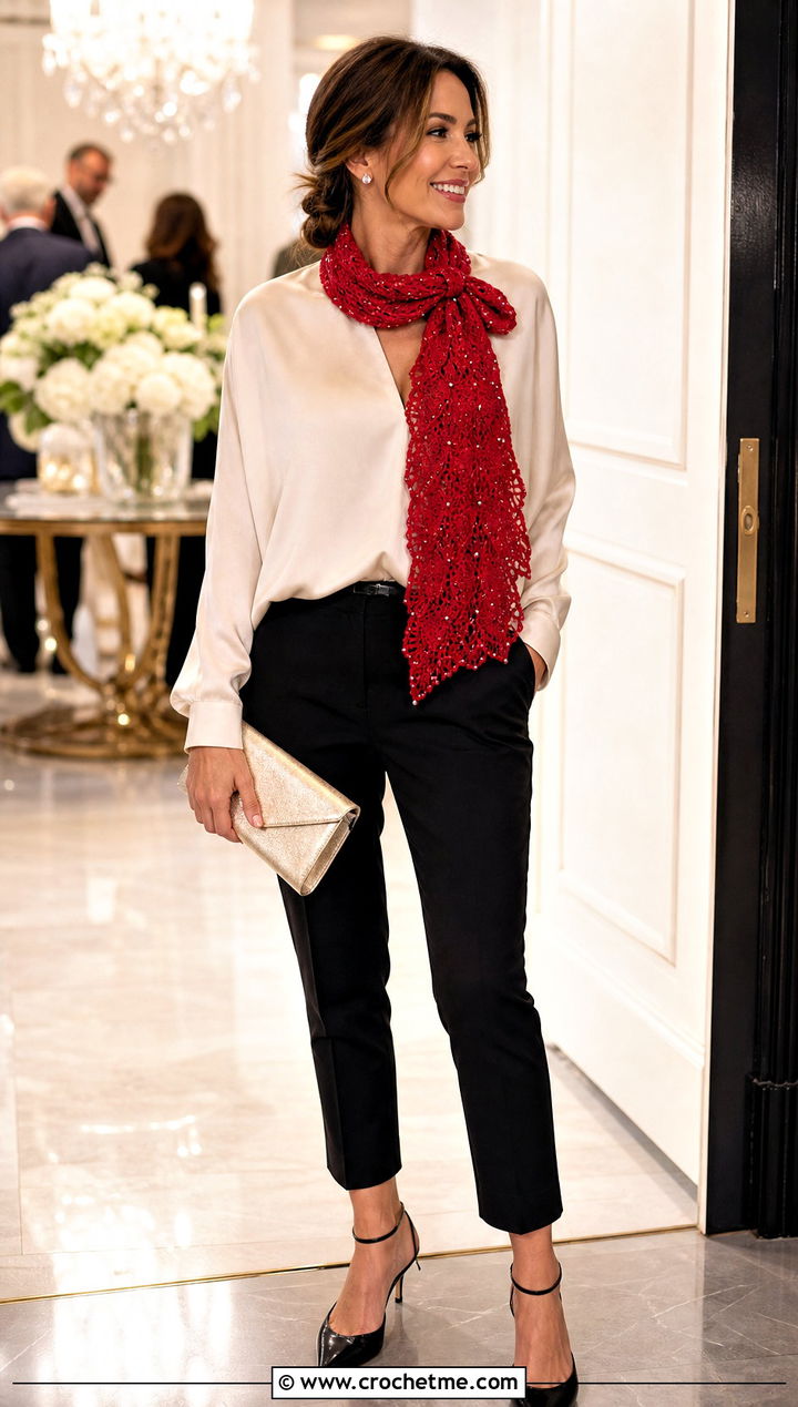Beaded Crochet Scarf With Satin Blouse And Tailored Pants - 25 Crochet Fun Scarf outfit ideas