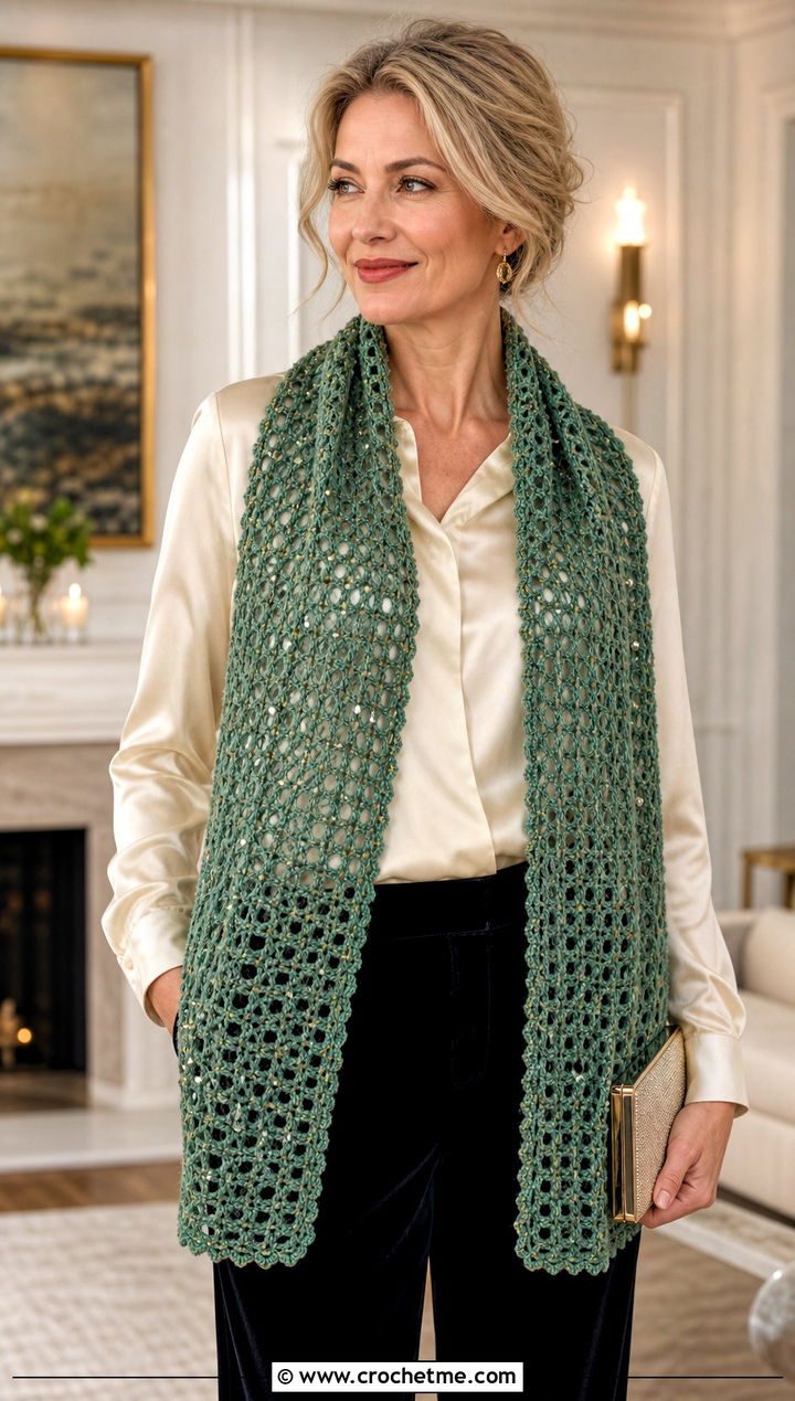 Beaded Crochet Scarf With Satin Blouse And Velvet Pants - 30 easy crochet scarfs outfit ideas