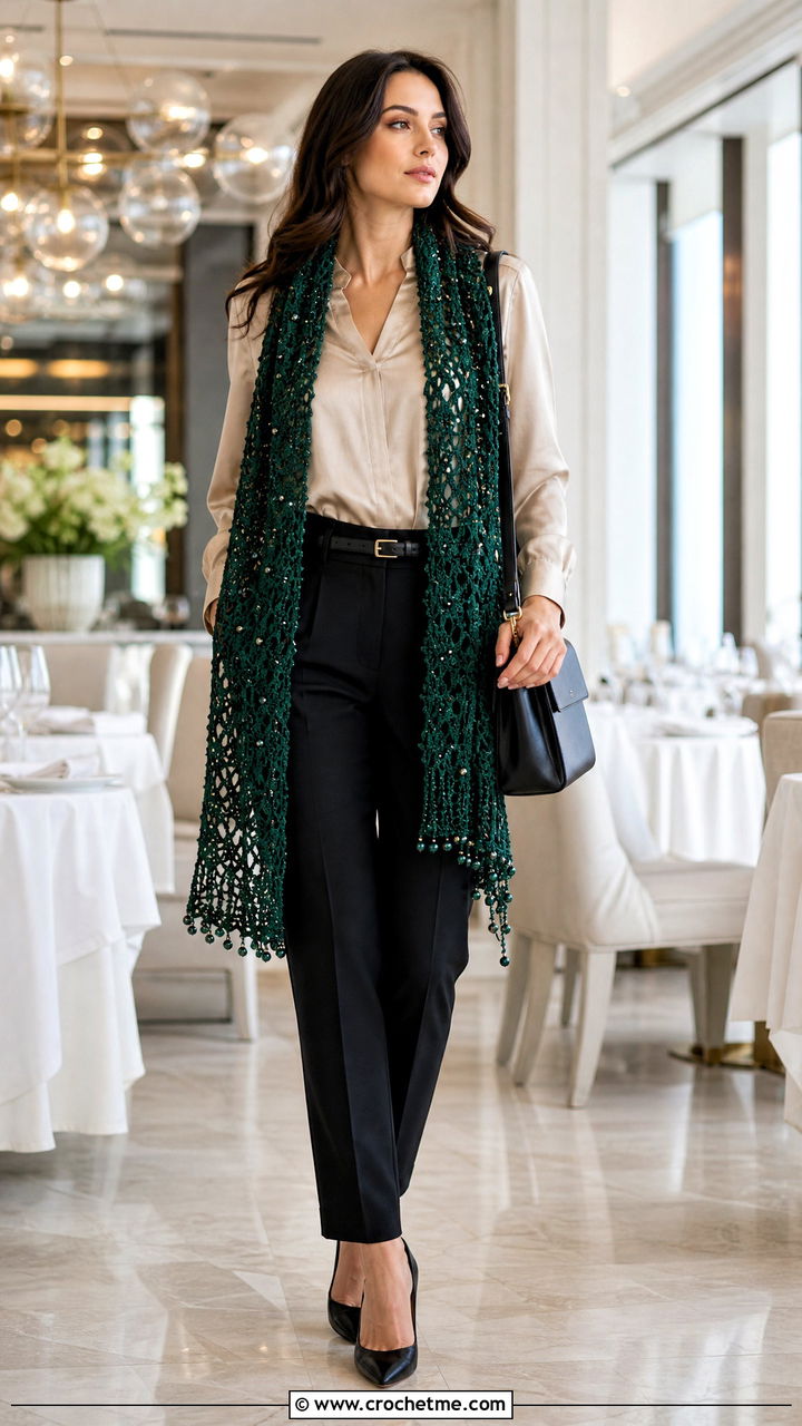 Beaded Crochet Scarf With Satin Blouse - 35 crochet scarf ideas