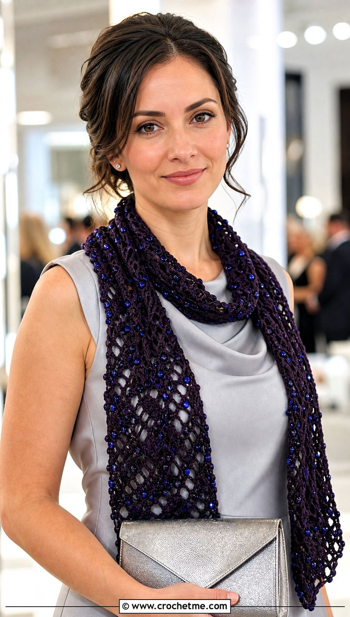 Beaded Crochet Scarf With Sheath Dress And Metallic Flats - 35 fun crochet scarf outfit ideas