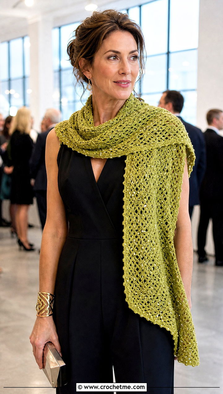 Beaded Crochet Scarf With Tailored Jumpsuit - 15 Crochet Fancy Scarf outfit ideas