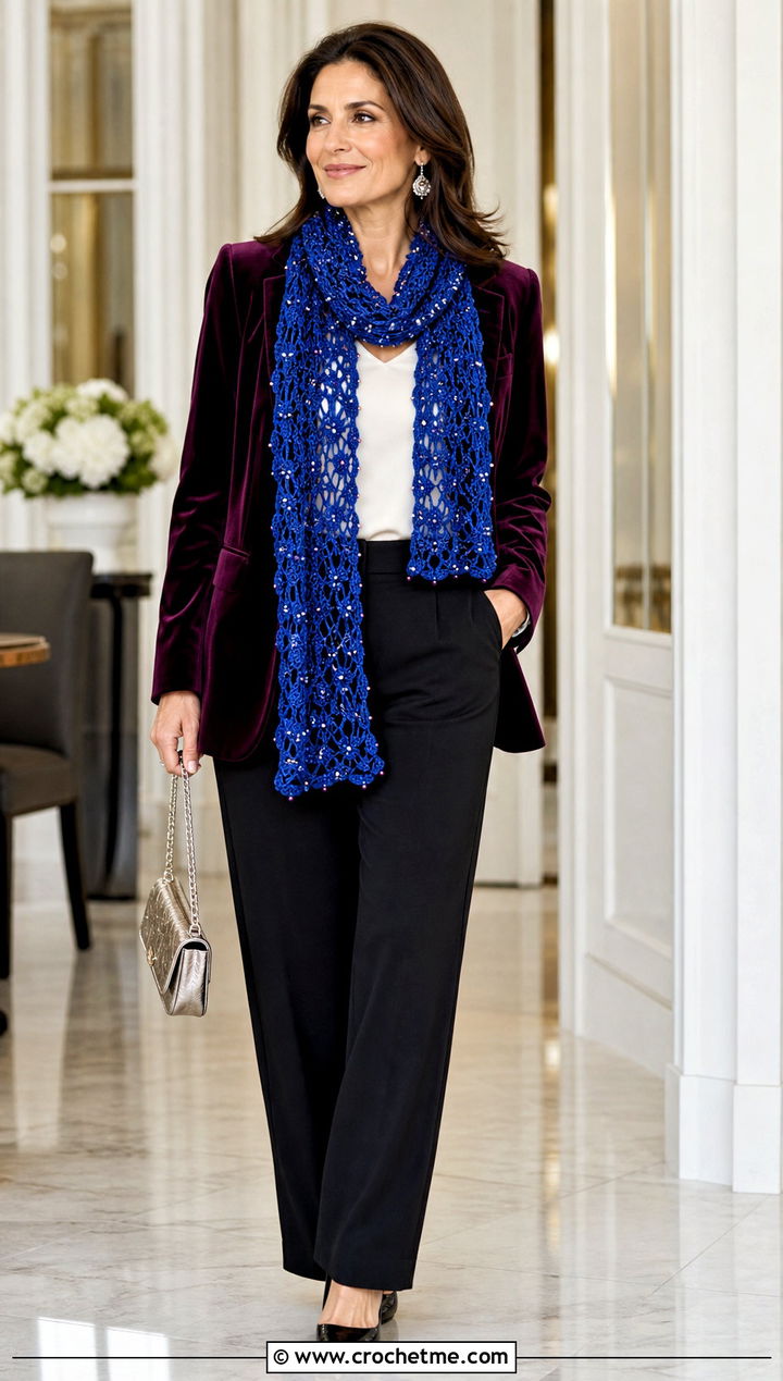 Beaded Crochet Scarf With Velvet Blazer - 35 fall crochet scarf outfit ideas