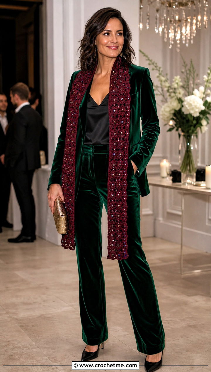 Beaded Crochet Scarf With Velvet Pantsuit - 35 Winter Crochet Scarfs For Women outfit ideas