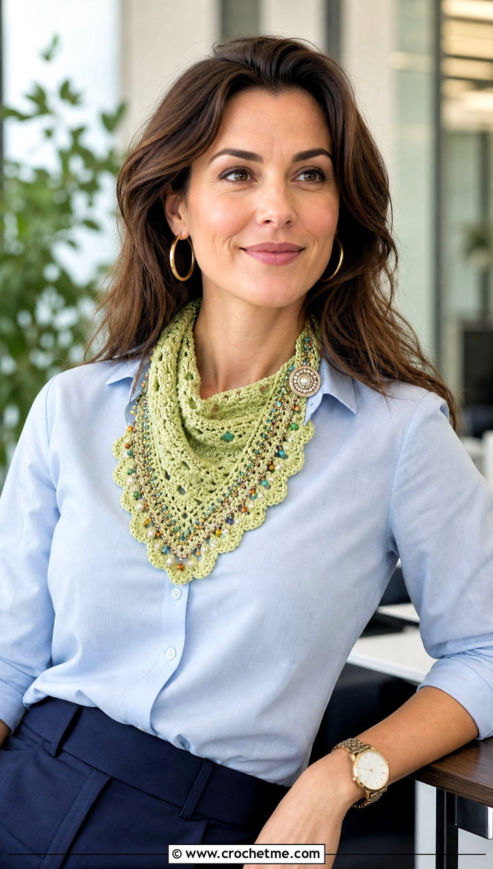 Beaded Crochet Scarfette With Button Down Shirt - 15 beaded crochet scarf design outfit ideas