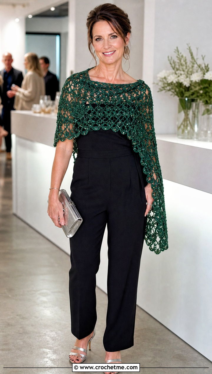 Beaded Crochet Semi Circle Shawl With Jumpsuit - 25 Crochet Semi Circle Shawl outfit ideas