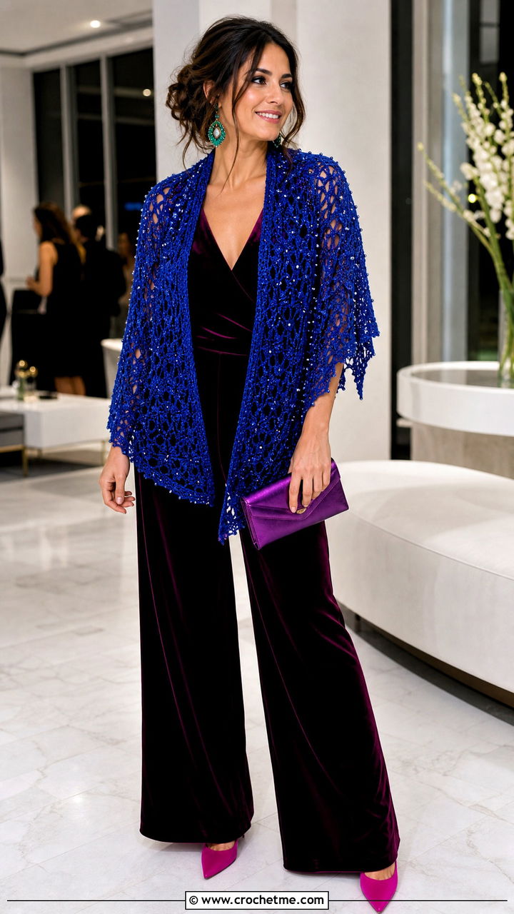 Beaded Crochet Shawl With A Velvet Jumpsuit - 35 crochet shawl outfit ideas