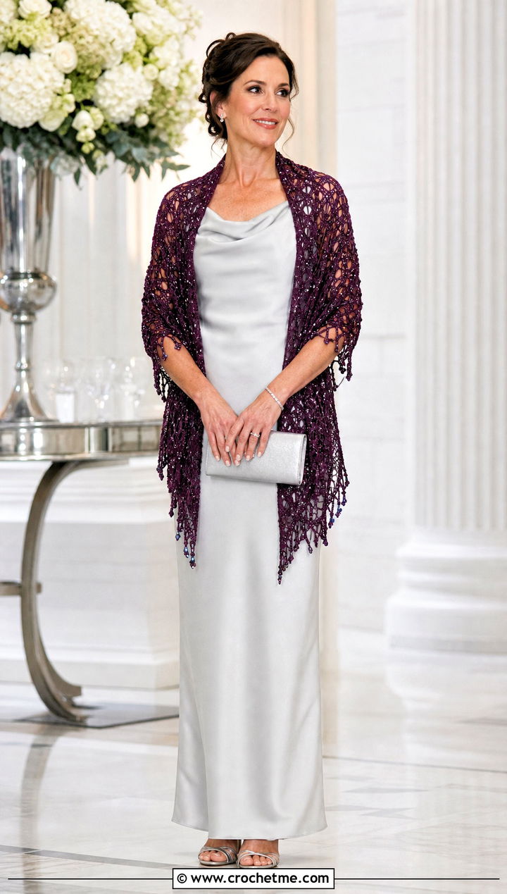 Beaded Crochet Shawl With Column Dress And Metallic Heels - 30 simple crochet shawls and wraps outfit ideas