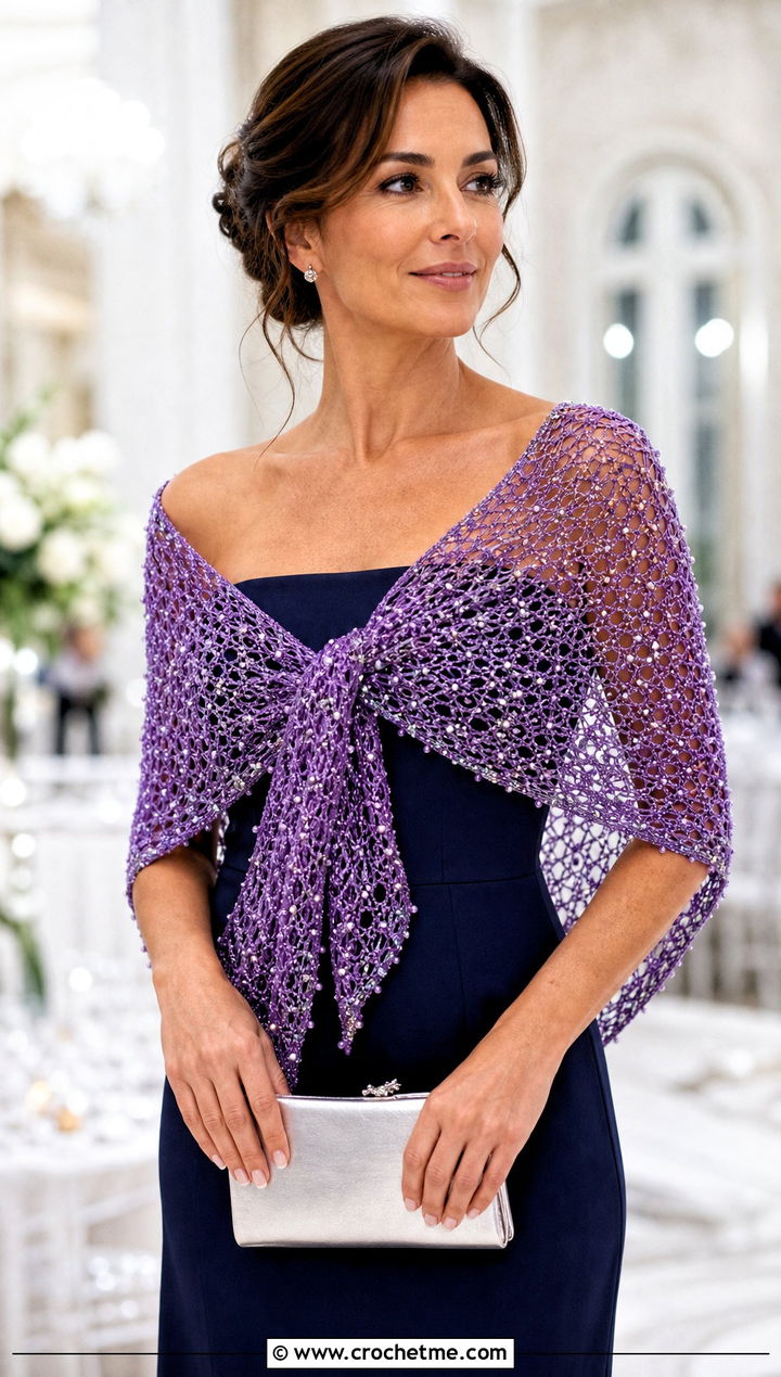 Beaded Crochet Shawl With Column Dress - 25 Simple Crochet Shawl outfit ideas