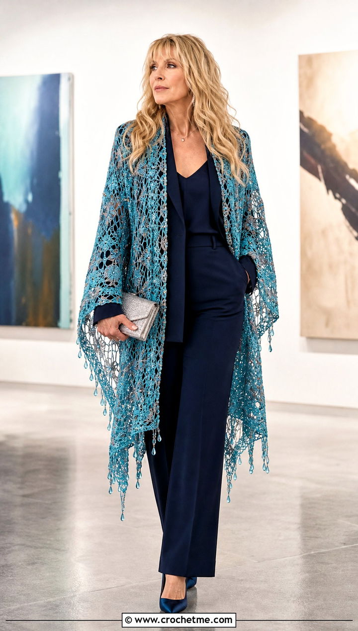 Beaded Crochet Shawl With Monochrome Suit - 25 Stevie Nicks Crochet Shawl outfit ideas
