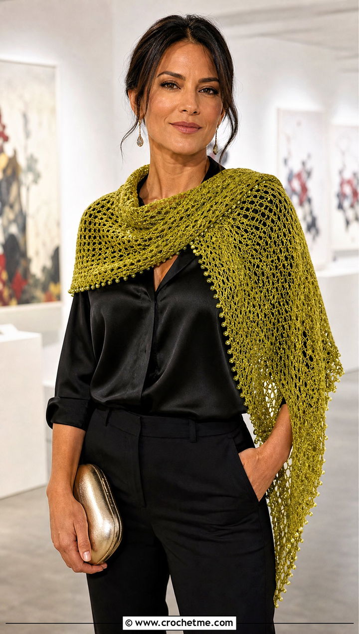 Beaded Crochet Shawl With Satin Blouse And Trousers - 15 Never Ending Crochet Shawl outfit ideas
