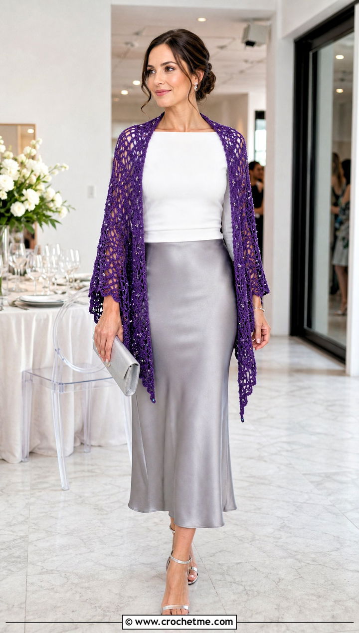 Beaded Crochet Shawl With Satin Skirt And Fitted Top - 35 quick crochet shawl outfit ideas