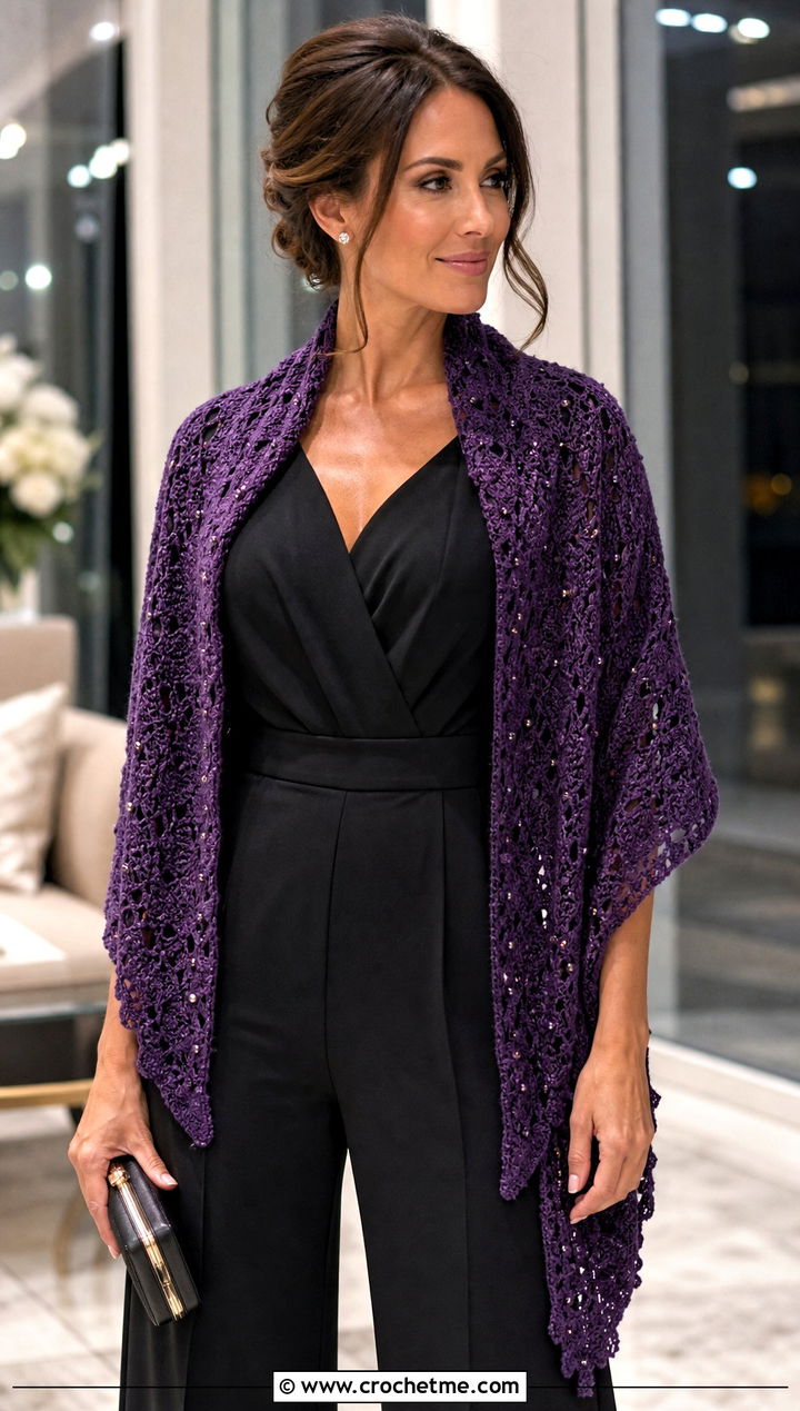 Beaded Crochet Shawl With Tailored Jumpsuit - 30 winter crochet shawl outfit ideas