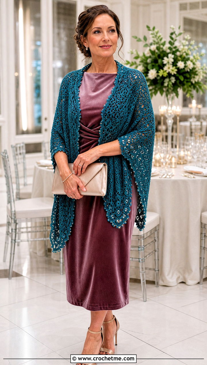 Beaded Crochet Shawl With Velvet Midi Dress - 30 crochet shawl wrap outfit ideas