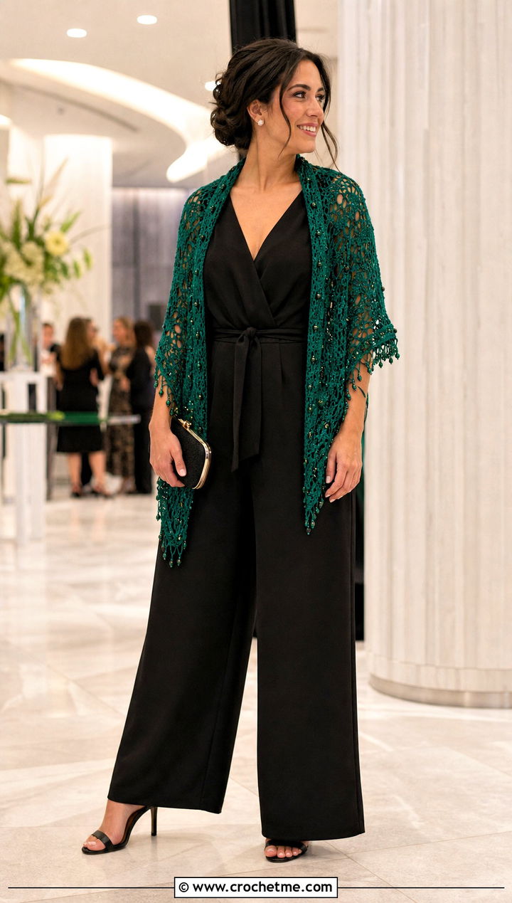 Beaded Crochet Shawl With Wide Leg Jumpsuit - 25 Crochet A Shawl outfit ideas