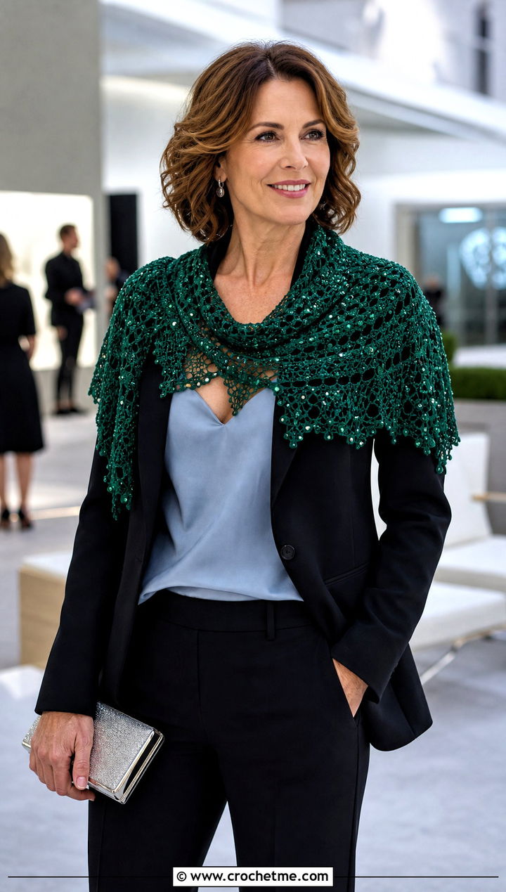Beaded Crochet Shawlette With Pantsuit And Pointed Pumps - 15 Easy Crochet Shawls outfit ideas