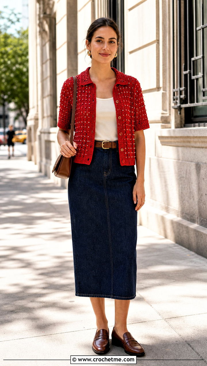 Beaded Crochet Shirt With Denim Midi Skirt - 25 crochet clothes with beads outfit ideas
