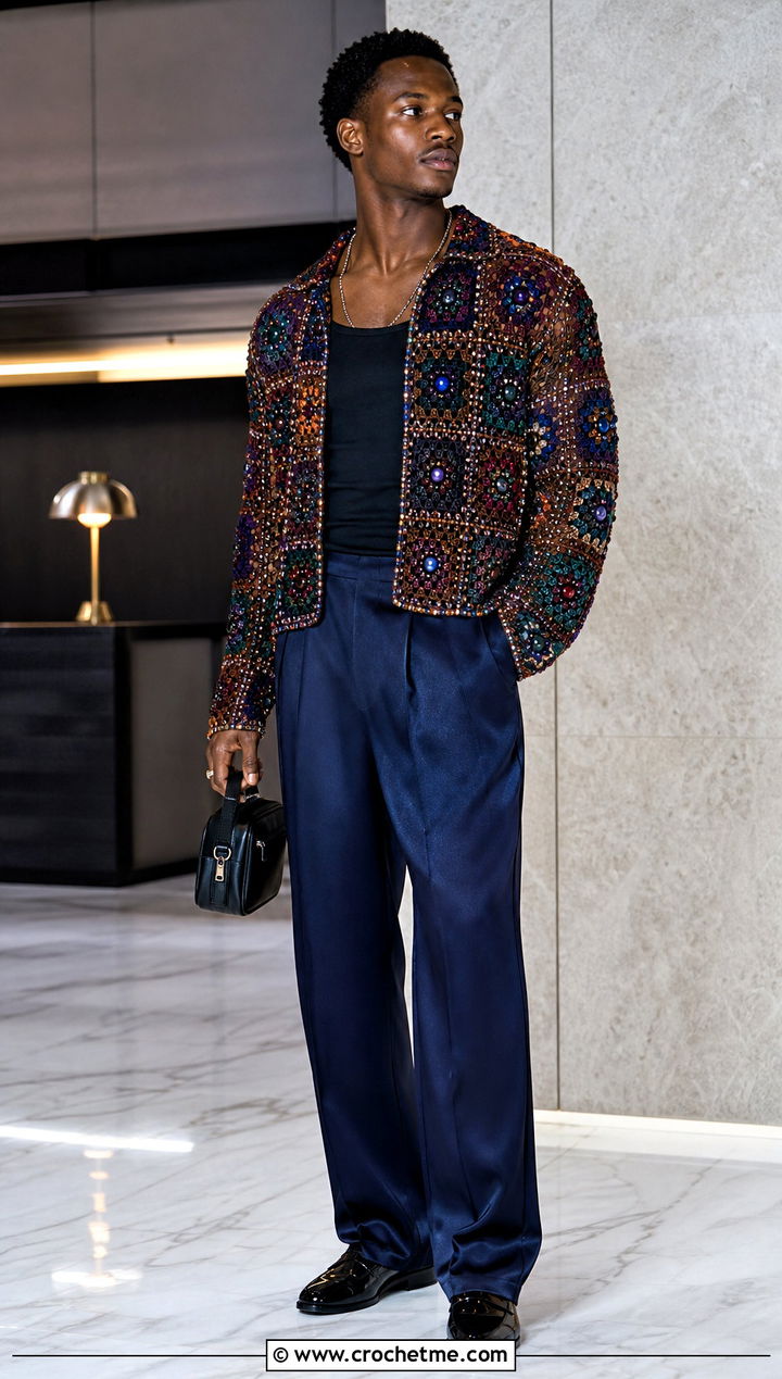 Beaded Crochet Shirt With Evening Trousers - 35 crochet man shirt outfit ideas