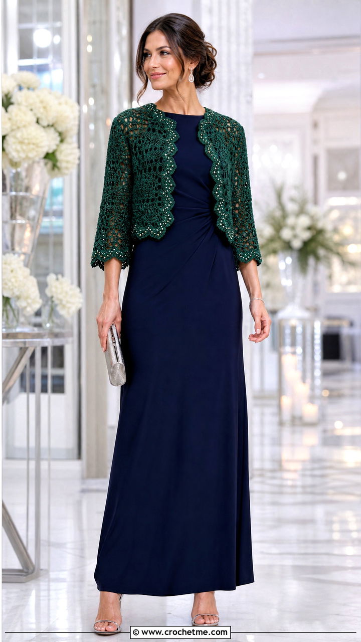 Beaded Crochet Shrug With Crepe Maxi Dress - 35 crochet shrugs outfit ideas