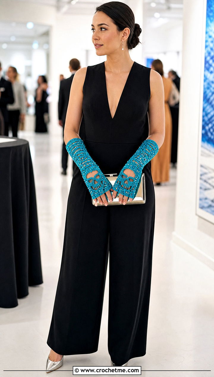 Beaded Crochet Skull Gauntlets With Evening Jumpsuit - 15 Crochet Skull Gloves outfit ideas