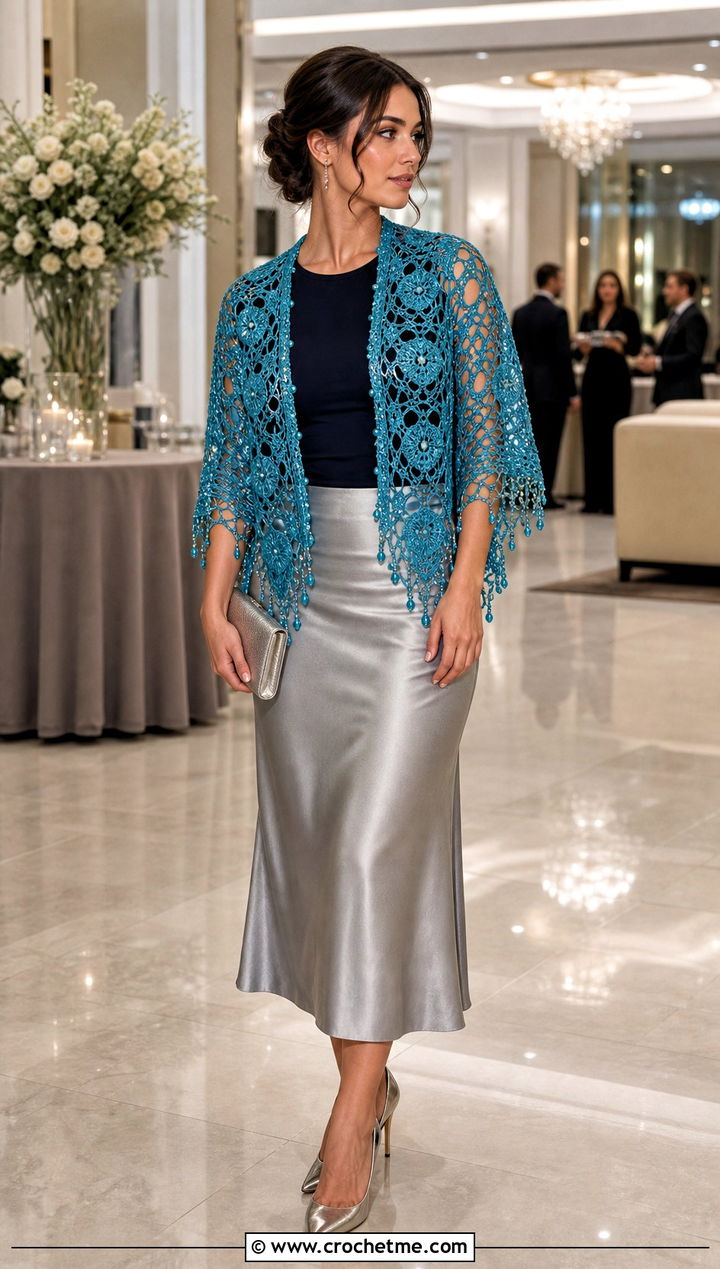 Beaded Crochet Skull Shawl With a Satin Midi Skirt - 35 crochet skull shawl outfit ideas