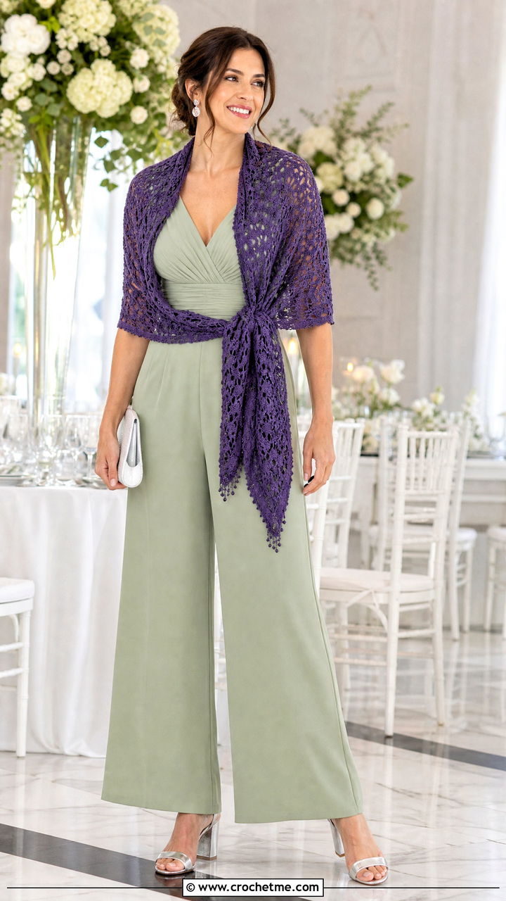 Beaded Crochet Sophie Scarf With Wedding Guest Jumpsuit - 35 crochet sophie scarf outfit ideas