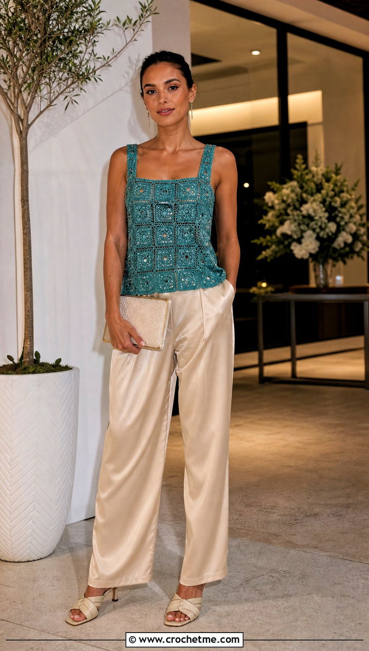 Beaded Crochet Square Tank Top With Satin Trousers - 25 Crochet Square Tank Top outfit ideas