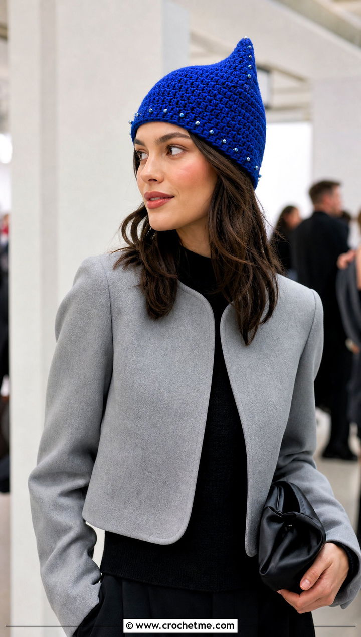Beaded Crochet Stocking Hat With Cropped Jacket - 25 easy crochet stocking hat outfit ideas