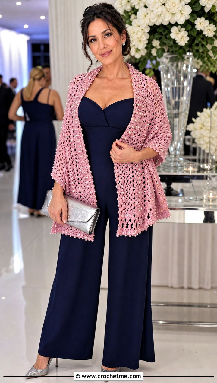 Beaded Crochet Stole Wrap With Jumpsuit And Heels - 15 Crochet Wraps outfit ideas