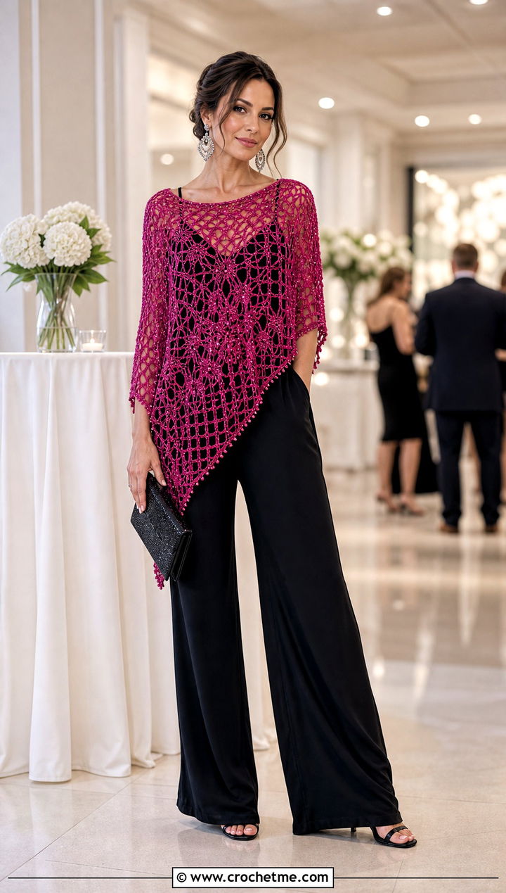 Beaded Crochet Summer Poncho With Black Trousers - 35 crochet summer poncho outfit ideas