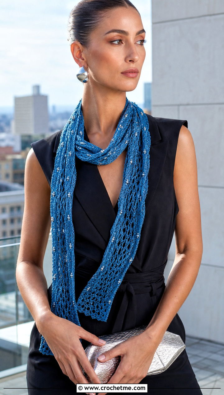 Beaded Crochet Summer Scarf With Black Jumpsuit - 30 crochet summer scarf outfit ideas