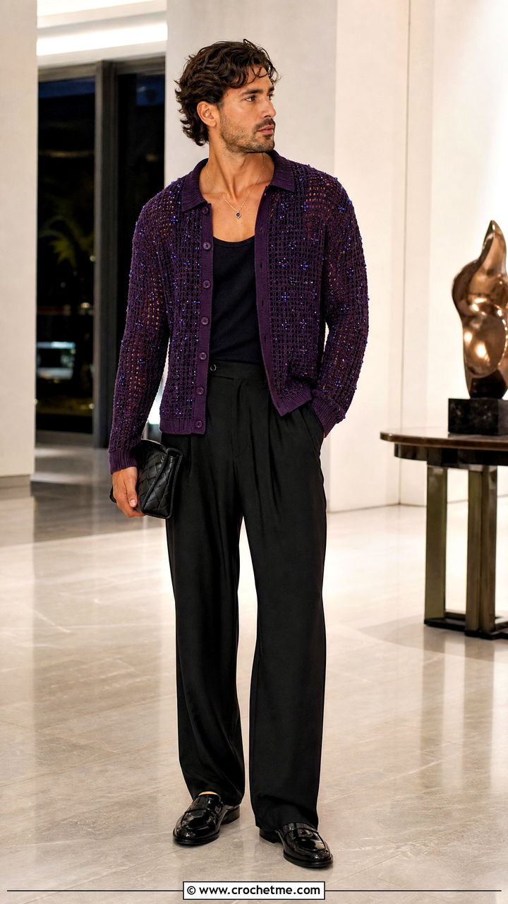 Beaded Crochet Sweater With Evening Trousers - 35 men crochet sweater outfit ideas