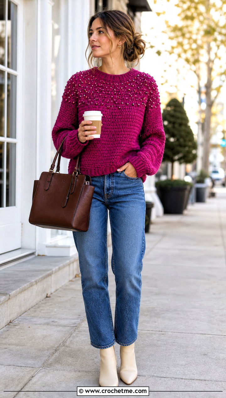Beaded Crochet Sweater With Straight Leg Jeans - 25 crochet clothes with beads outfit ideas