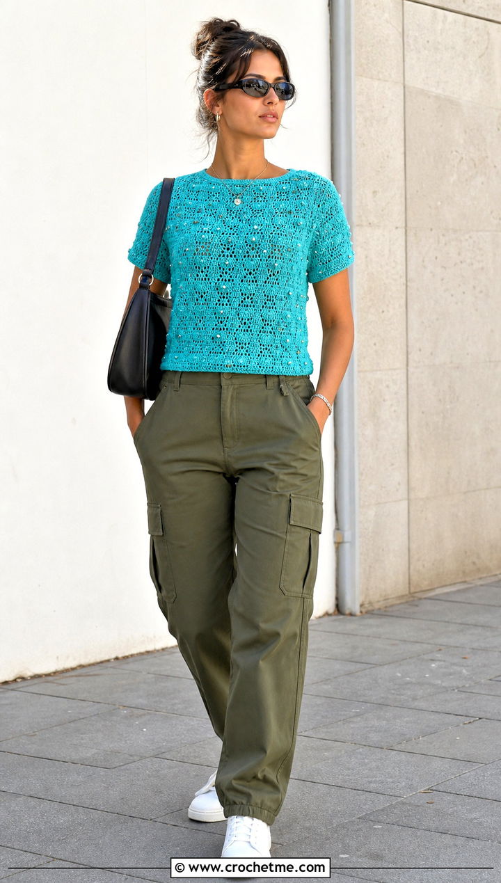 Beaded Crochet T Shirt With Cargo Pants - 25 crochet clothes with beads outfit ideas