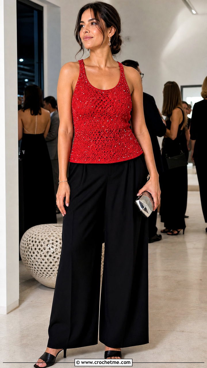 Beaded Crochet Tank Top With Palazzo Pants - 35 crochet tank top outfit ideas