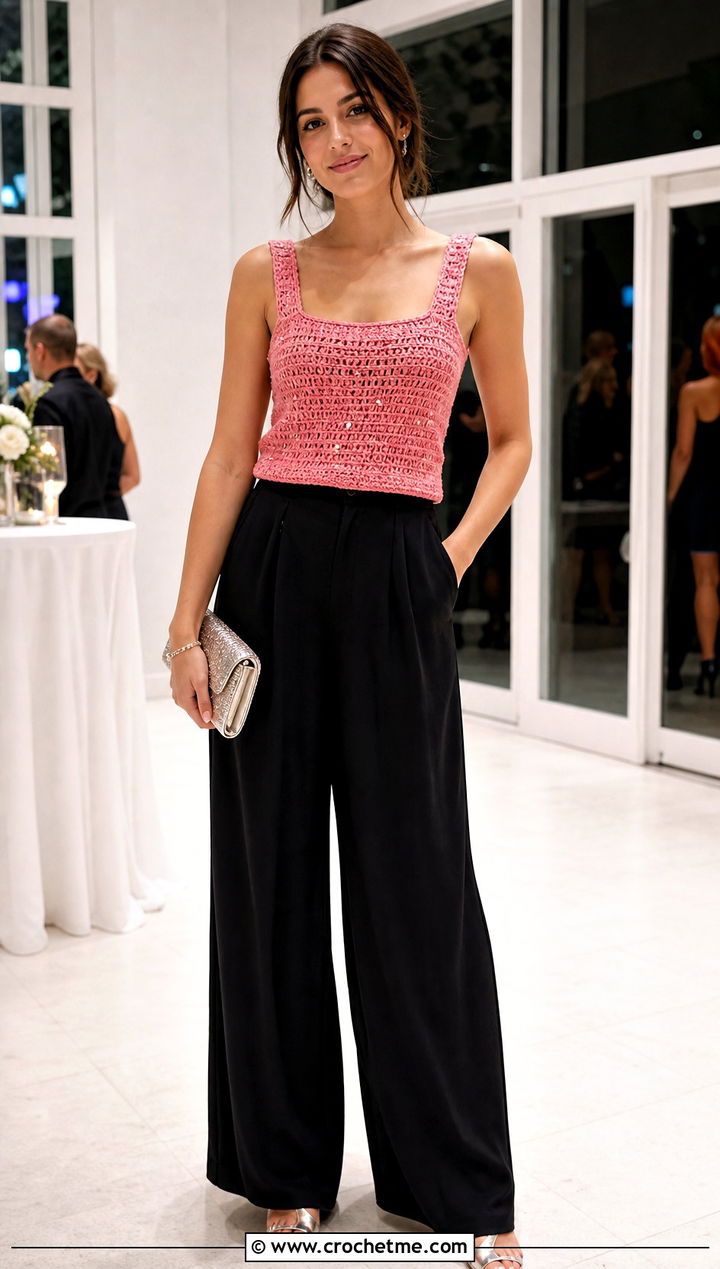 Beaded Crochet Tank Top With Palazzo Trousers - 35 crochet vintage top outfit ideas