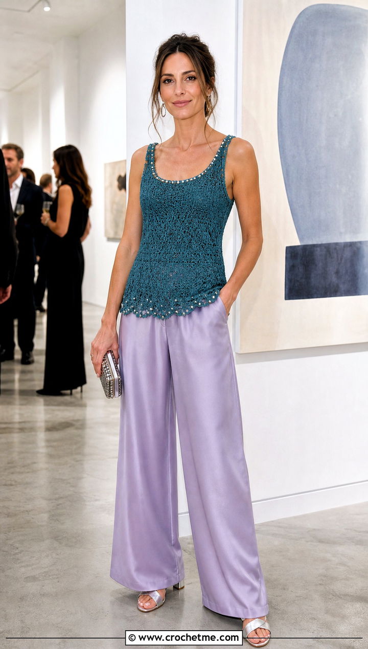 Beaded Crochet Tank Top With Satin Trousers - 30 crocheted tank tops outfit ideas