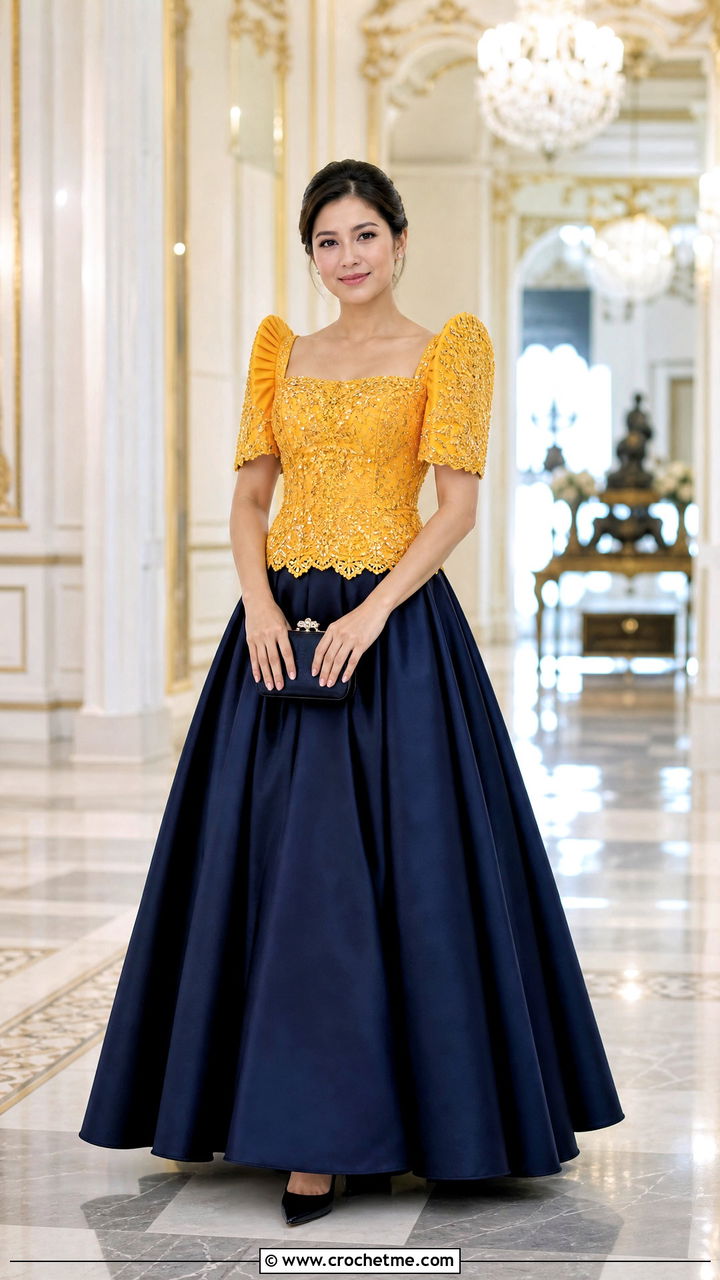 Beaded Crochet Terno Top With Full Ball Skirt - 35 crochet filipiniana top outfit ideas