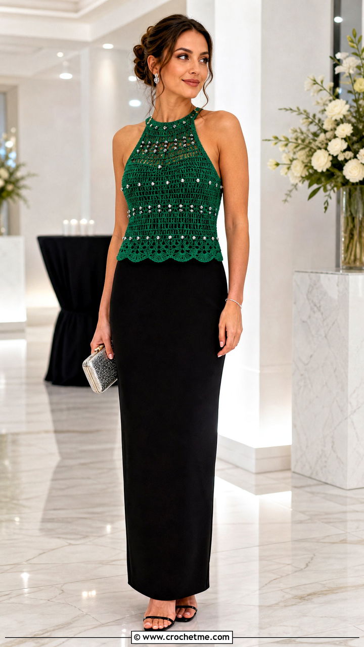 Beaded Crochet Top With Black Maxi Skirt - 35 crocheted tops outfit ideas
